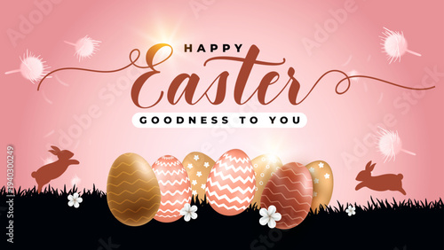 Happy Easter text Wen banner with stylish bunny ears and patterned eggs on Pink digital background for holiday, Minimal Easter greeting card with golden eggs. Elegant design. Vector illustration
