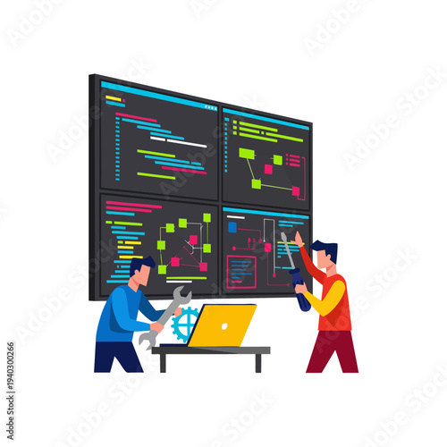 Two male developers collaborating on software development and debugging.