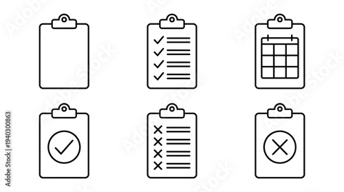 Clipboard Icons Set in Simple Line Art Style with Black Color on White Background for UI Design