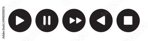 Essential media player control icons play pause fast forward rewind and stop in a solid black circle
