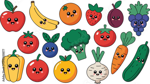 Collection of adorable kawaii fruit and vegetable characters with happy faces, healthy eating illustrations.