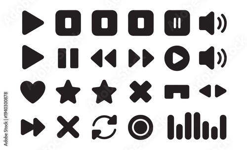 Collection of modern flat icons for media player controls and interface elements on white background