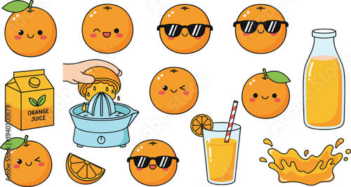 Collection of orange juice and cute fruit characters with different expressions, a juicer, and beverages.