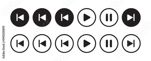 Collection of black and white media player icons play pause rewind and skip buttons in circles for UI design