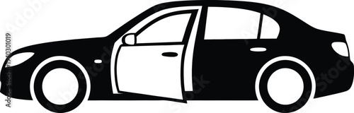 Black silhouette icon of a sedan car with an open door isolated on a white background for transportation concepts.