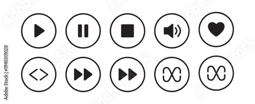 Set of circular media control buttons featuring play pause stop volume and heart icons for application interface