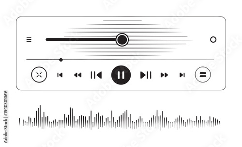Modern music player widget design with horizontal sliders playback controls and audio waveform on bottom section