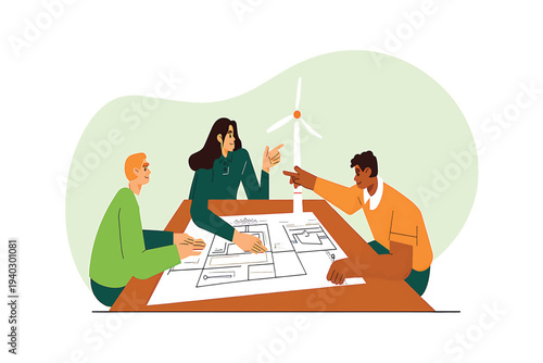 Collaborative team of engineers designing sustainable green energy solutions, focused on environmental planning and innovative future development