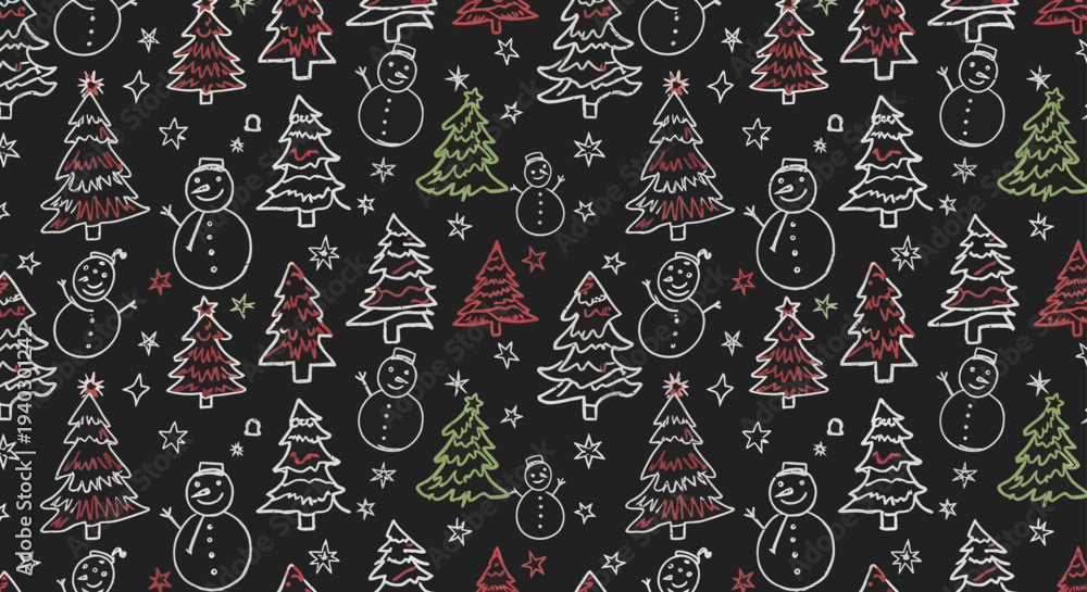 Naklejka premium christmas trees and snowmen seamlessly patterned on a chalkboard background evoking a playful holiday season doodle for winter designs.