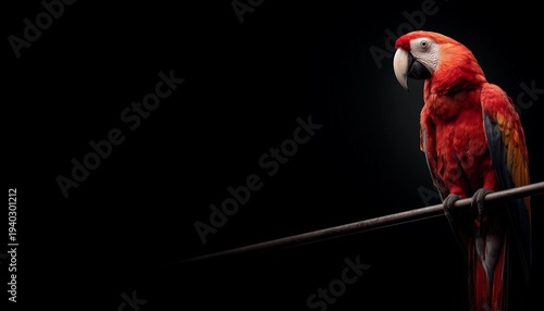 Red macaw perched on thin hoizontal metal pole, low angle,black background,copy space,banner
