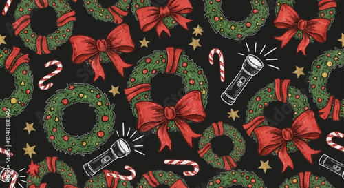 christmas seamless pattern with festive wreaths candy canes red bows and flashlights on dark background for holiday design.