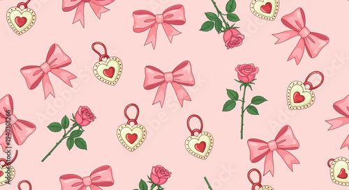 cute pink seamless pattern with bows roses and heart lockets on a soft background ideal for romantic or valentines day designs.