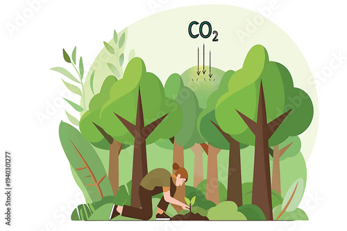 Illustrating the symbiotic relationship between humans and nature, where planting helps absorb carbon dioxide, promoting a healthy environment