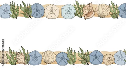 decorative border with various seashells sand dollars and seaweed on a sandy beach background perfect for summer designs