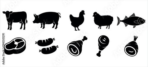 Fresh Meat and Livestock Silhouette Icon Set with Beef Pork Chicken and Fish Vector Illustration.