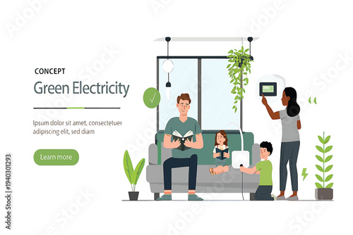 Conceptual illustration showcasing a family's sustainable lifestyle in a smart home powered by green electricity and renewable energy
