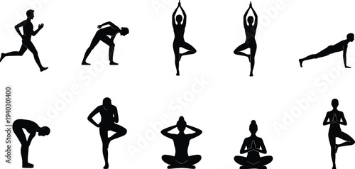 Yoga and fitness poses silhouette collection including running stretching meditation and balance exercises healthy lifestyle workout training wellness vector illustration set