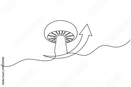 Mushroom with Rising Arrow Continuous One Line Drawing Growth Concept Fungi Vector Illustration