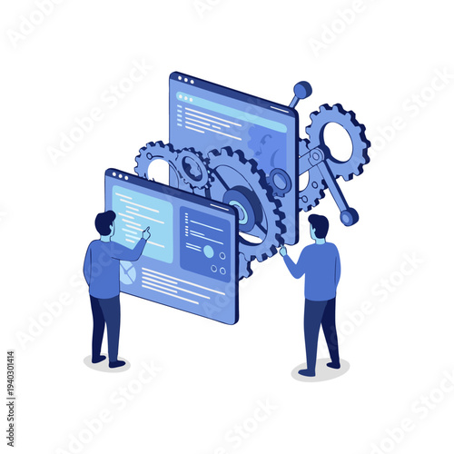 Two people interacting with web pages and gears, representing development and optimization.