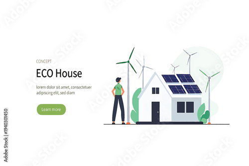 Concept of a sustainable eco house powered by renewable energy sources, featuring solar panels and wind turbines for green living and a brighter future