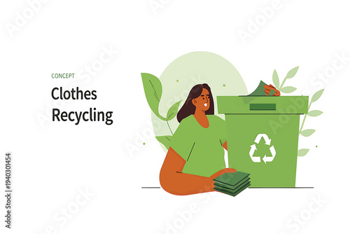 Concept of sustainable clothing waste management, showcasing a woman placing folded textiles into a recycling bin to promote eco-friendly practices