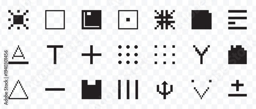 Retro Pixel Art UI Icons Set. Geometric Bit Symbols for Web, App and Game Interface Design. Digital Graphic Elements Collection.