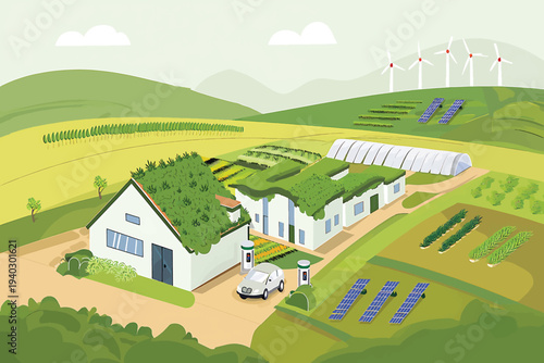 Sustainable Eco-Friendly Farm with Green Roofs, Solar Panels, and Wind Turbines