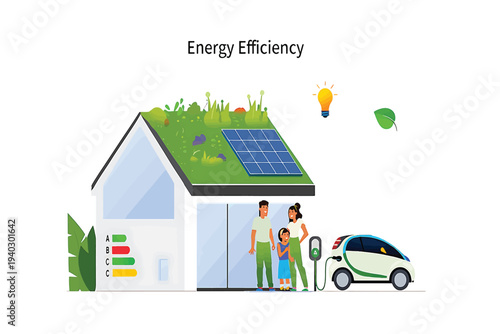 Concept of energy efficiency in a modern home with solar panels and electric car charging