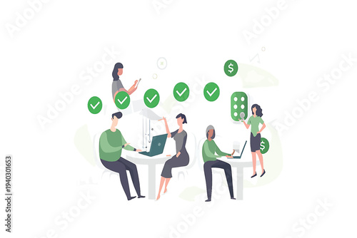 Teamwork collaboration with people working together to achieve success with green checkmarks indicating completion