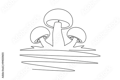 Three Mushrooms on Wavy Ground Continuous One Line Drawing Nature Fungi Vector Illustration