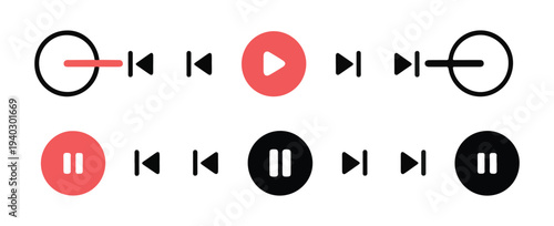 Professional audio playback interface icons featuring red and black circle buttons for mobile application design