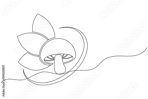 Mushroom with Leaves Background Continuous One Line Drawing Nature Fungi Vector Illustration