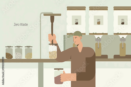 Illustration of a man refilling a jar at a zero-waste store, promoting sustainable consumption