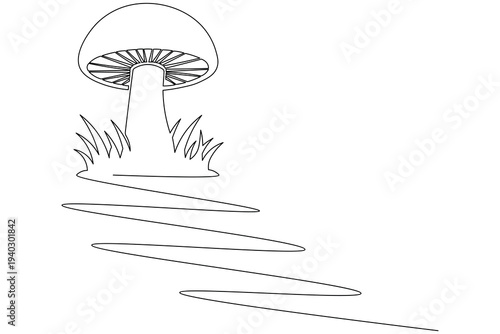 Large Mushroom with Grass Continuous One Line Drawing Forest Nature Fungi Vector Illustration