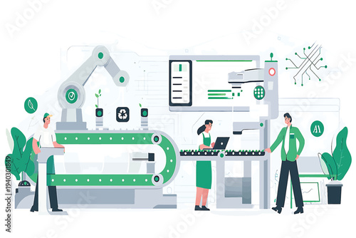Eco-friendly smart factory automation with robotic arm, human operators, and green technology on a sustainable industrial production line