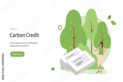 Woman managing carbon credit certificates in an eco-friendly concept illustration for sustainable business and environmental responsibility