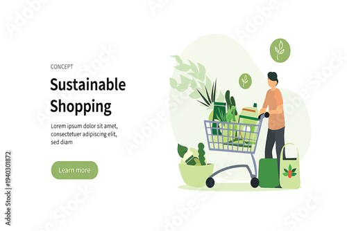 Eco-Conscious Man Shopping for Organic Groceries with Reusable Bag, Emphasizing Sustainable Consumerism and Green Lifestyle Choices