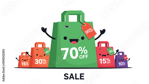 Cheerful shopping bag characters with various discounts including 70 percent off celebrating a big seasonal sale event on a white background.