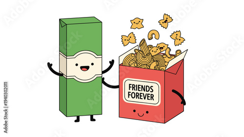 Friends forever illustration featuring an anthropomorphic green sauce box and a red pasta box overflowing with different types of noodles on white.