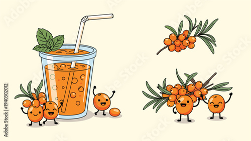 Refreshing sea buckthorn juice in a glass with a straw surrounded by cute anthropomorphic berry characters on a light cream colored background.