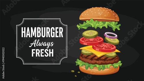 Delicious hamburger with layered fresh ingredients including meat cheese tomatoes onions pickles and lettuce floating on a dark blackboard background.