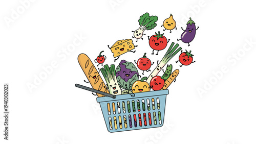 Blue shopping basket overflowing with a variety of happy anthropomorphic vegetable characters and groceries on a clean white background.