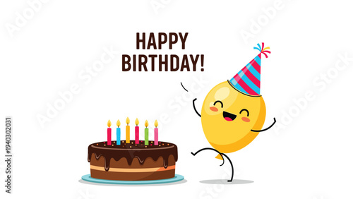 Festive birthday celebration featuring a happy yellow balloon character in a party hat dancing next to a chocolate cake with lit candles.