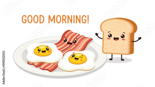 Friendly breakfast scene with a plate of smiling fried eggs and bacon strips talking to a happy slice of toasted bread on white background.