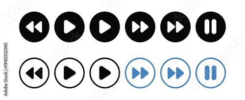 Circle icons for media playback controls with rewind play pause and fast forward symbols