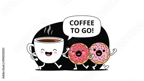 Cheerful coffee to go illustration featuring a happy cup of coffee walking and holding hands with two smiling pink glazed donuts on black background.