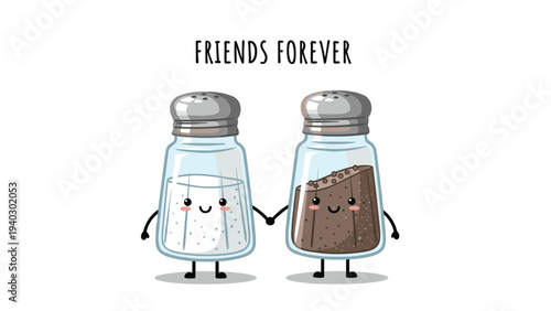 Classic duo of anthropomorphic salt and pepper shaker characters holding hands under a friends forever message on white background.