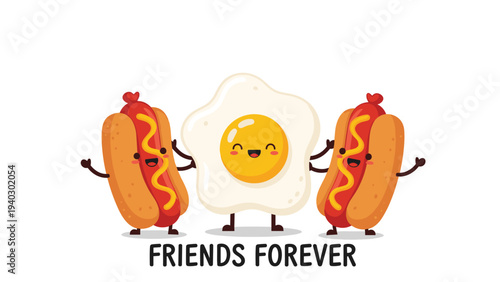 Fun friends forever scene with two happy hot dog characters and a smiling fried egg standing together on a plain white background.