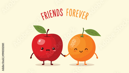 Simple and sweet friends forever illustration with a cute red apple and a happy orange fruit character holding hands on a cream background.