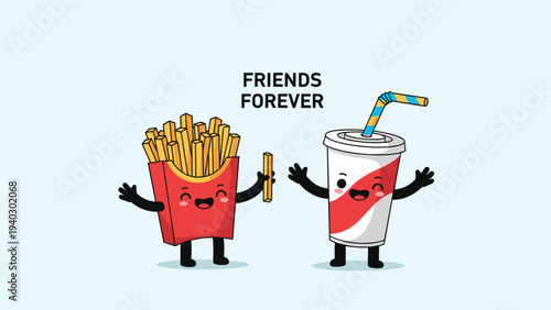 Dynamic duo of a happy french fries character and a smiling soda cup with a straw celebrating their friendship with a friends forever message.